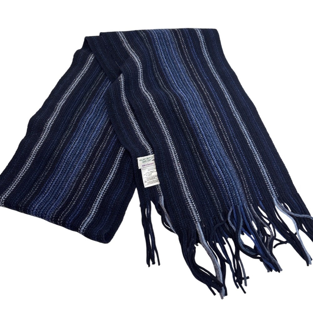 William Brunton Hand Knits Scarf Blue Striped 100% Lambswool Made in Scotland